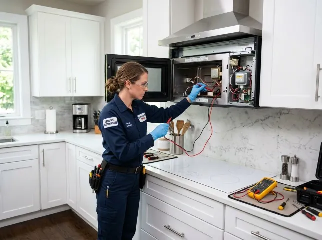 Appliance Repair Hero technician testing an over-the-range microwave in a Acton, CA kitchen